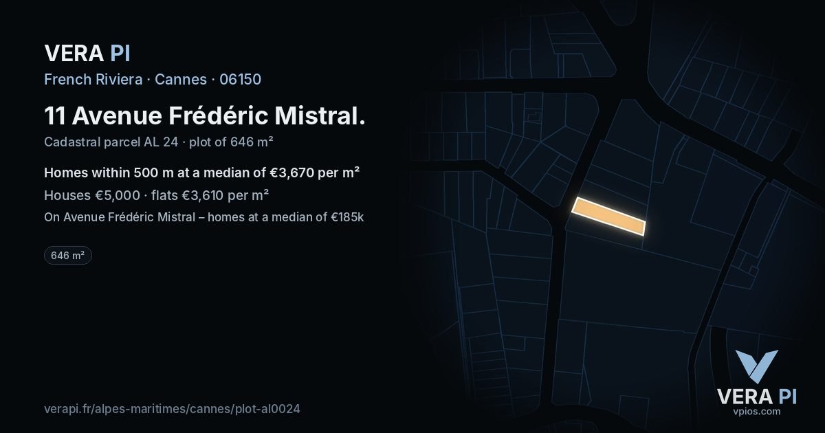 11 Avenue Frédéric Mistral, Cannes at night – the plot lit, the parcels around coloured by the prices near them