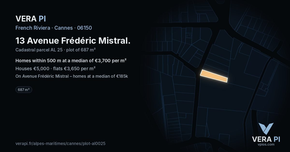 13 Avenue Frédéric Mistral, Cannes at night – the plot lit, the parcels around coloured by the prices near them