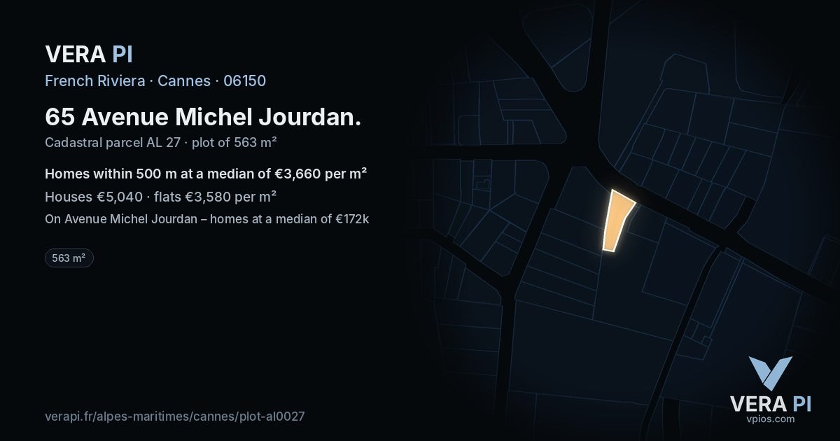 65 Avenue Michel Jourdan, Cannes at night – the plot lit, the parcels around coloured by the prices near them