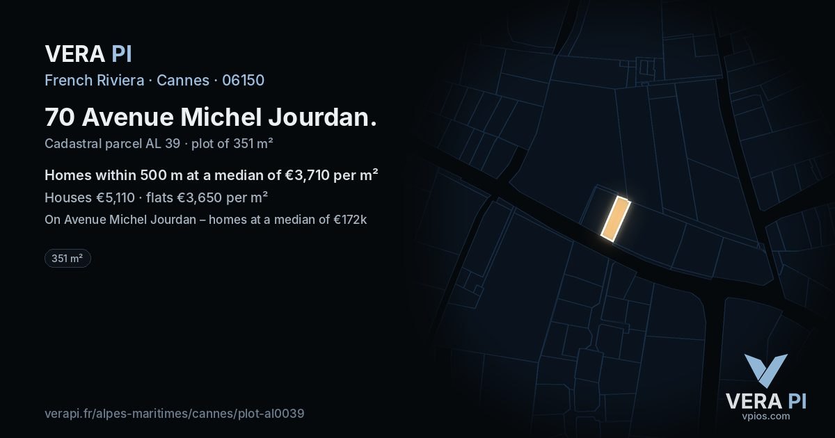 70 Avenue Michel Jourdan, Cannes at night – the plot lit, the parcels around coloured by the prices near them