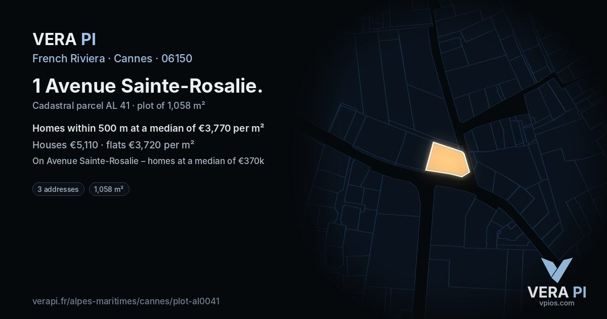 1 Avenue Sainte-Rosalie, Cannes at night – the plot lit, the parcels around coloured by the prices near them