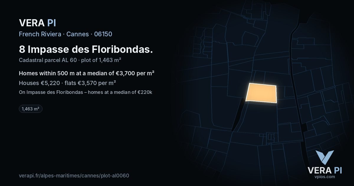 8 Impasse des Floribondas, Cannes at night – the plot lit, the parcels around coloured by the prices near them