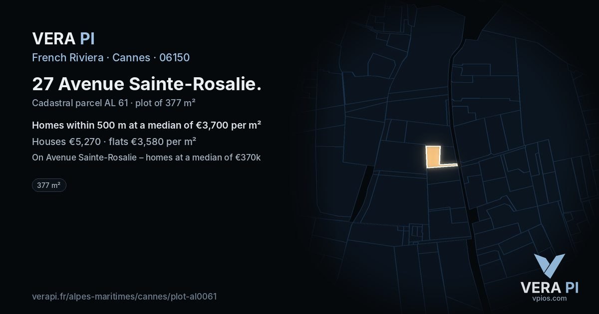 27 Avenue Sainte-Rosalie, Cannes at night – the plot lit, the parcels around coloured by the prices near them