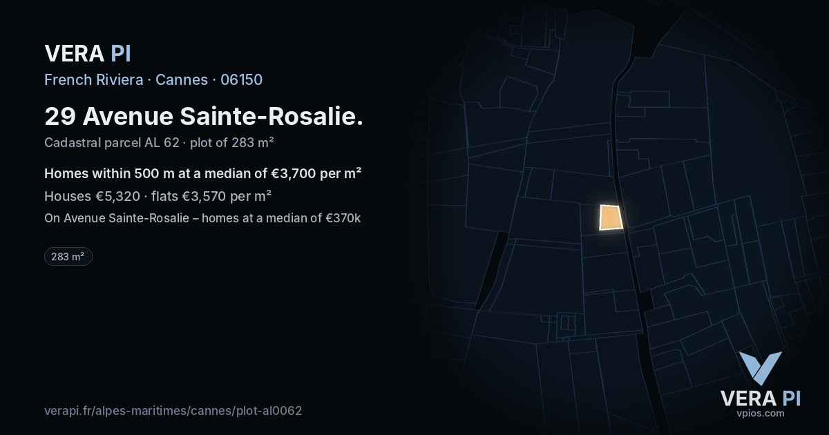 29 Avenue Sainte-Rosalie, Cannes at night – the plot lit, the parcels around coloured by the prices near them