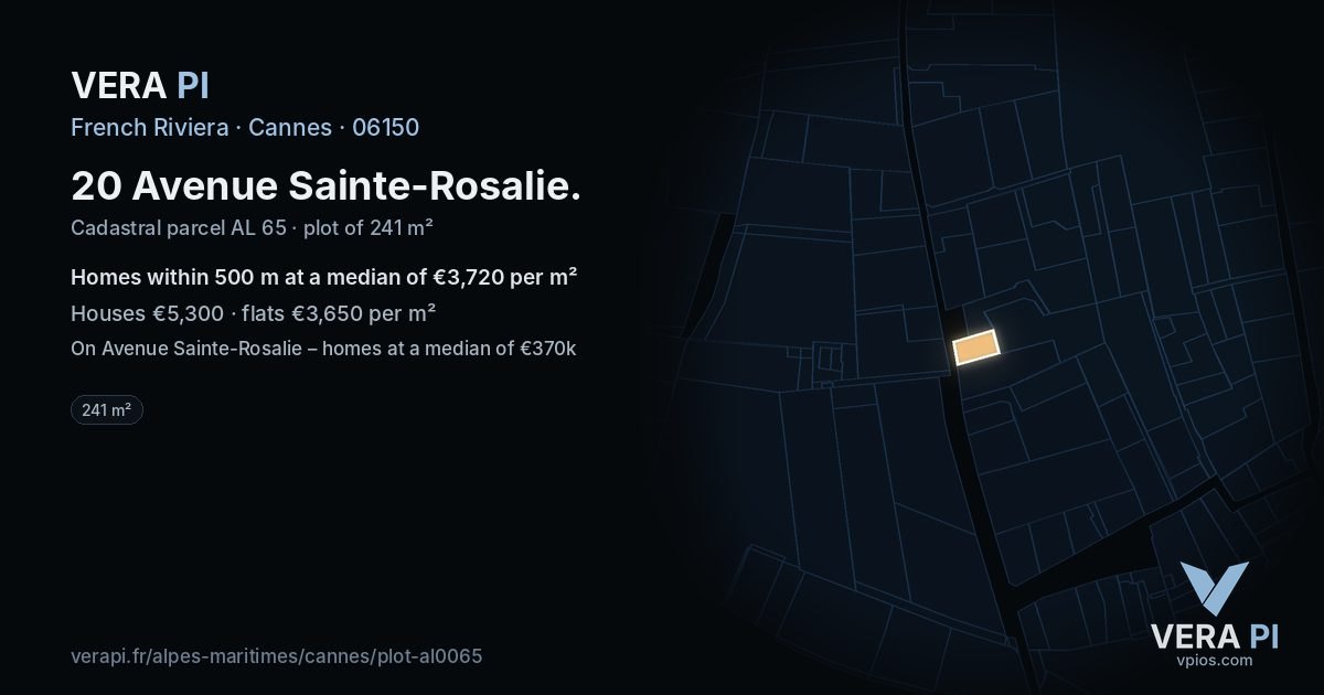 20 Avenue Sainte-Rosalie, Cannes at night – the plot lit, the parcels around coloured by the prices near them