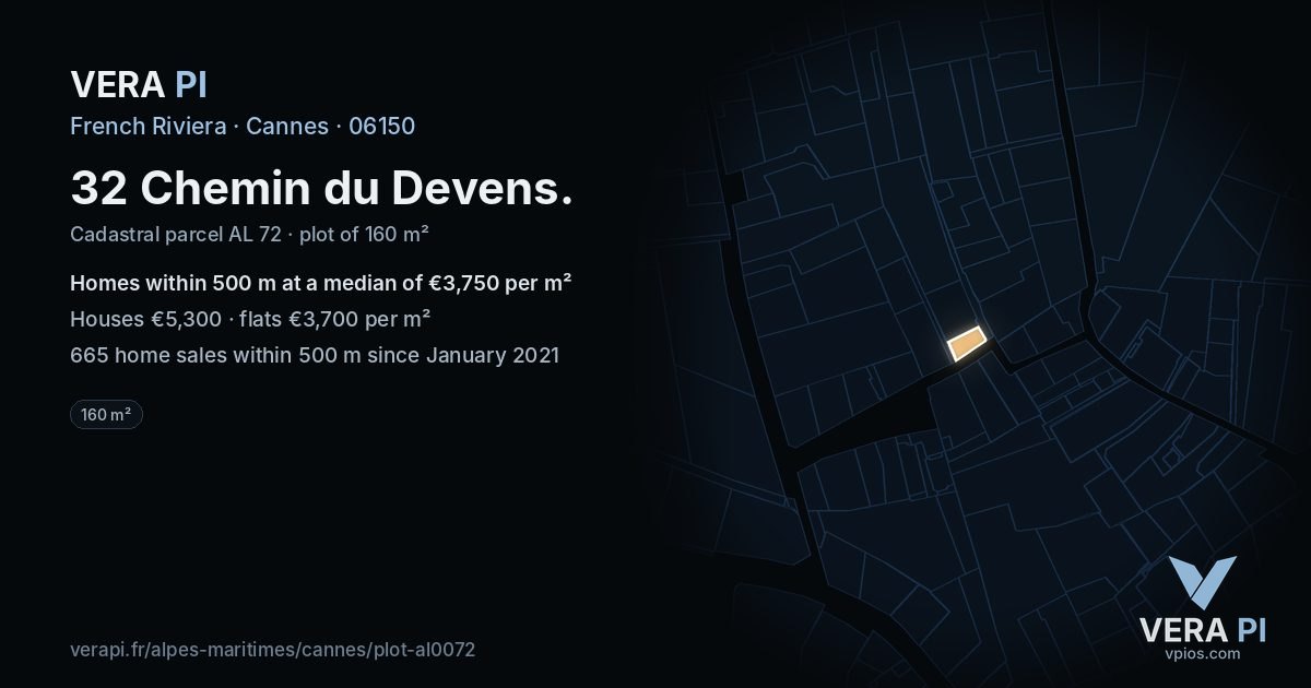 32 Chemin du Devens, Cannes at night – the plot lit, the parcels around coloured by the prices near them