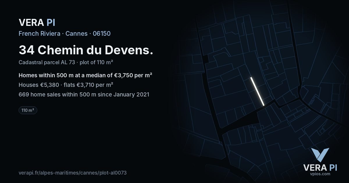 34 Chemin du Devens, Cannes at night – the plot lit, the parcels around coloured by the prices near them