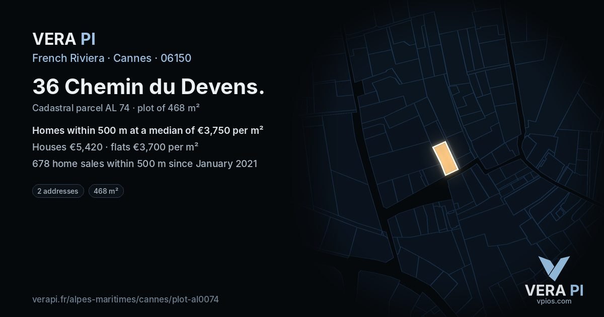 36 Chemin du Devens, Cannes at night – the plot lit, the parcels around coloured by the prices near them