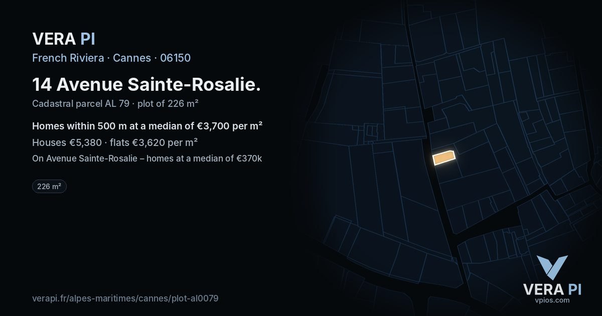 14 Avenue Sainte-Rosalie, Cannes at night – the plot lit, the parcels around coloured by the prices near them