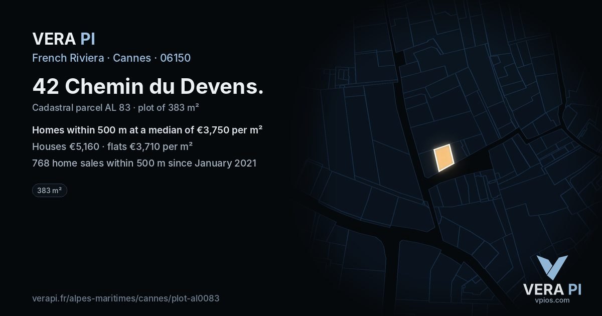 42 Chemin du Devens, Cannes at night – the plot lit, the parcels around coloured by the prices near them