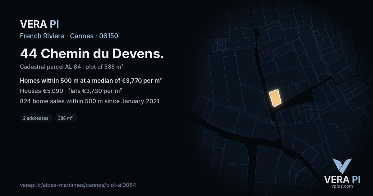 44 Chemin du Devens, Cannes at night – the plot lit, the parcels around coloured by the prices near them