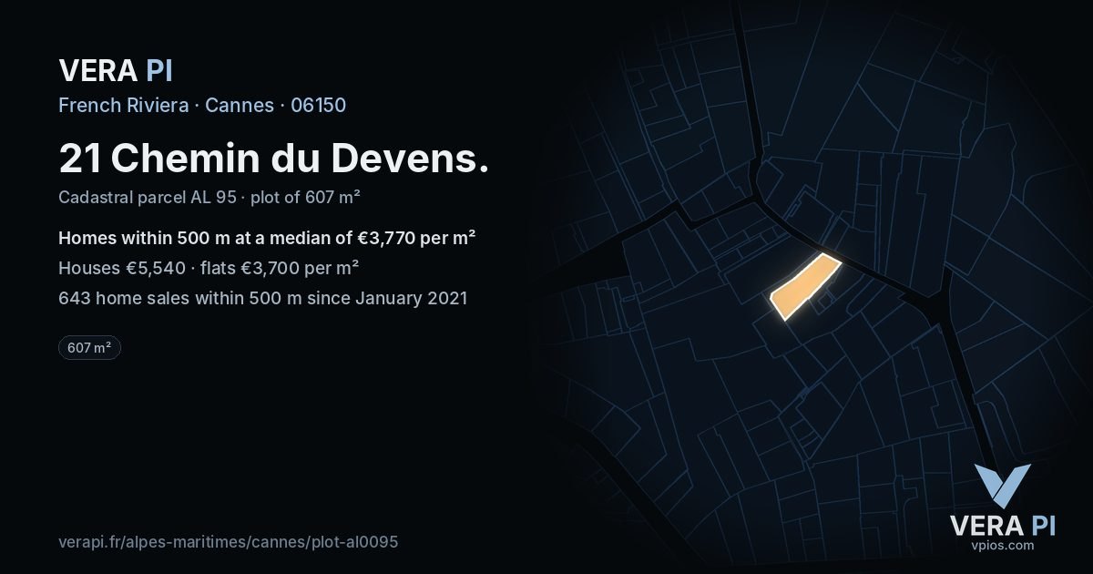 21 Chemin du Devens, Cannes at night – the plot lit, the parcels around coloured by the prices near them