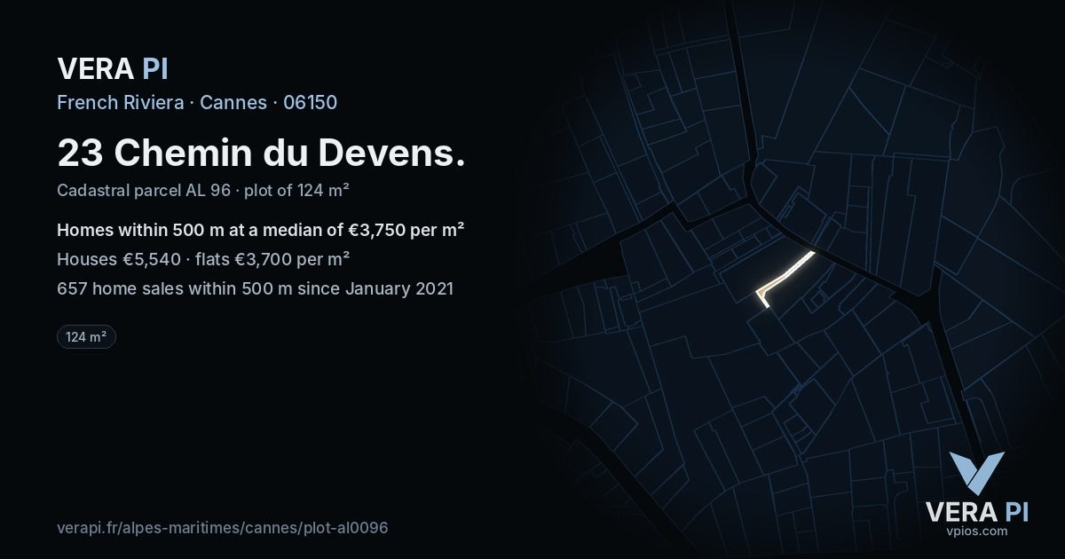 23 Chemin du Devens, Cannes at night – the plot lit, the parcels around coloured by the prices near them