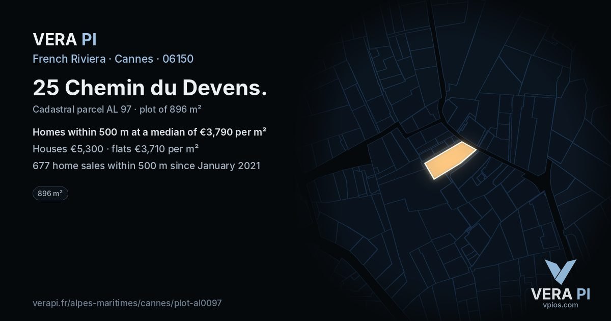 25 Chemin du Devens, Cannes at night – the plot lit, the parcels around coloured by the prices near them