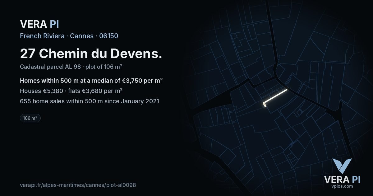 27 Chemin du Devens, Cannes at night – the plot lit, the parcels around coloured by the prices near them