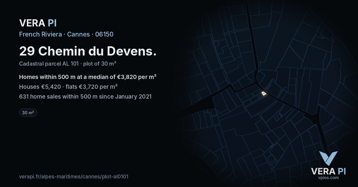 29 Chemin du Devens, Cannes at night – the plot lit, the parcels around coloured by the prices near them