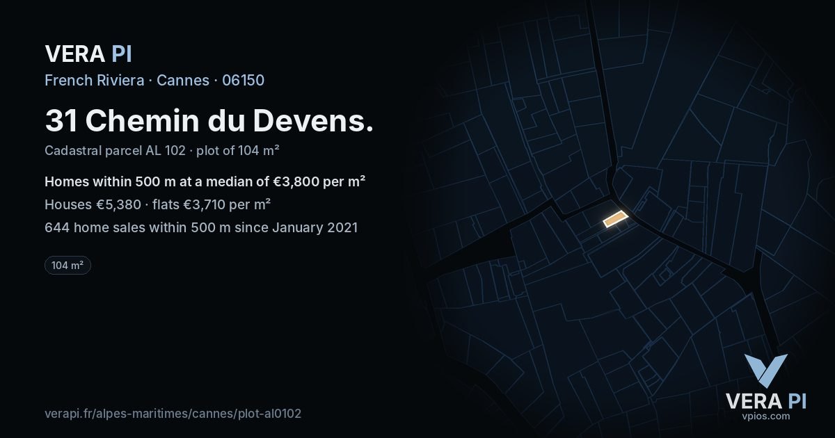 31 Chemin du Devens, Cannes at night – the plot lit, the parcels around coloured by the prices near them