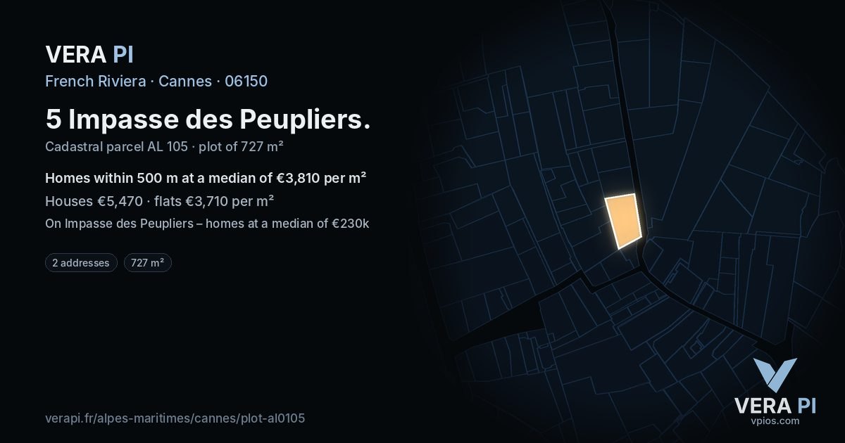 5 Impasse des Peupliers, Cannes at night – the plot lit, the parcels around coloured by the prices near them
