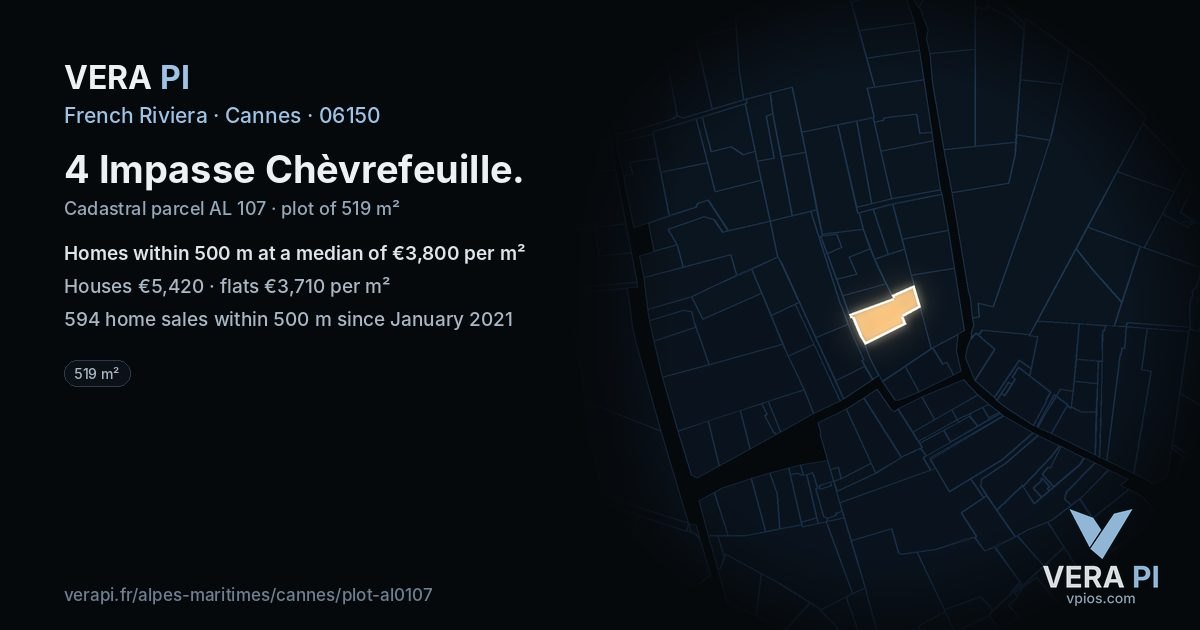 4 Impasse Chèvrefeuille, Cannes at night – the plot lit, the parcels around coloured by the prices near them