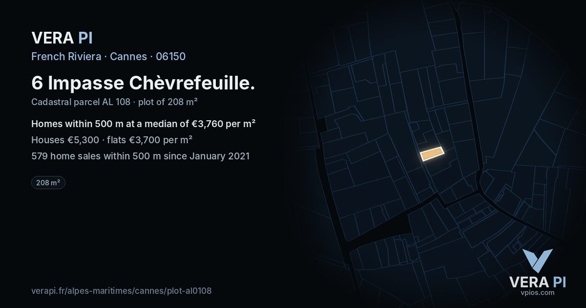 6 Impasse Chèvrefeuille, Cannes at night – the plot lit, the parcels around coloured by the prices near them