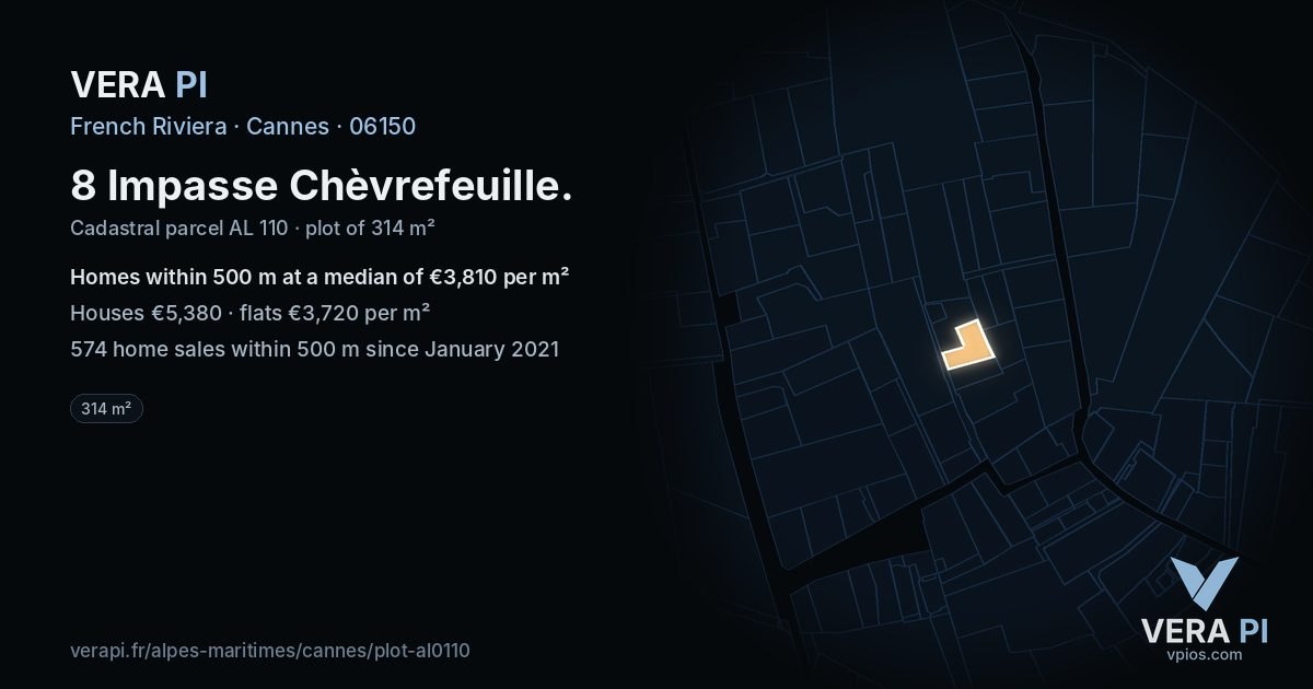 8 Impasse Chèvrefeuille, Cannes at night – the plot lit, the parcels around coloured by the prices near them