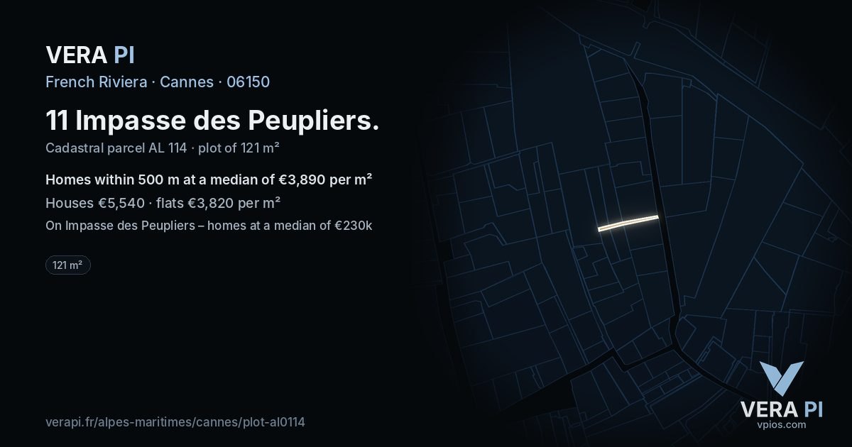 11 Impasse des Peupliers, Cannes at night – the plot lit, the parcels around coloured by the prices near them