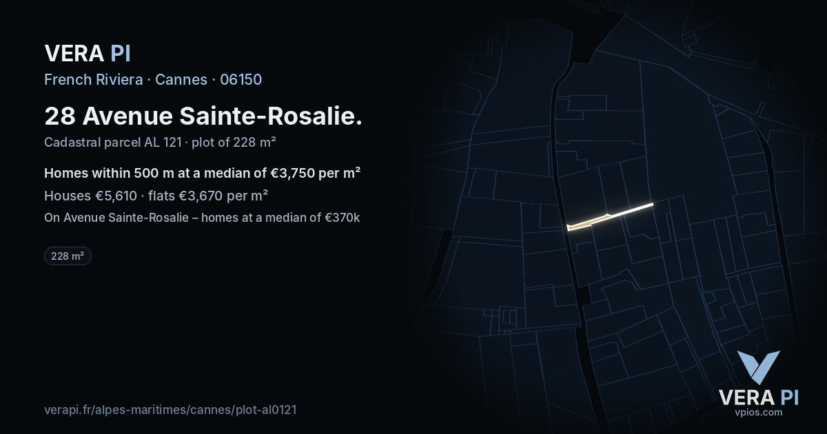 28 Avenue Sainte-Rosalie, Cannes at night – the plot lit, the parcels around coloured by the prices near them
