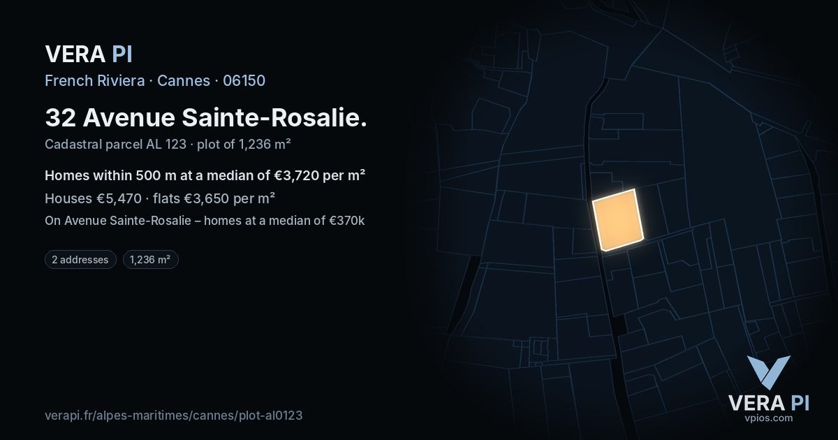 32 Avenue Sainte-Rosalie, Cannes at night – the plot lit, the parcels around coloured by the prices near them