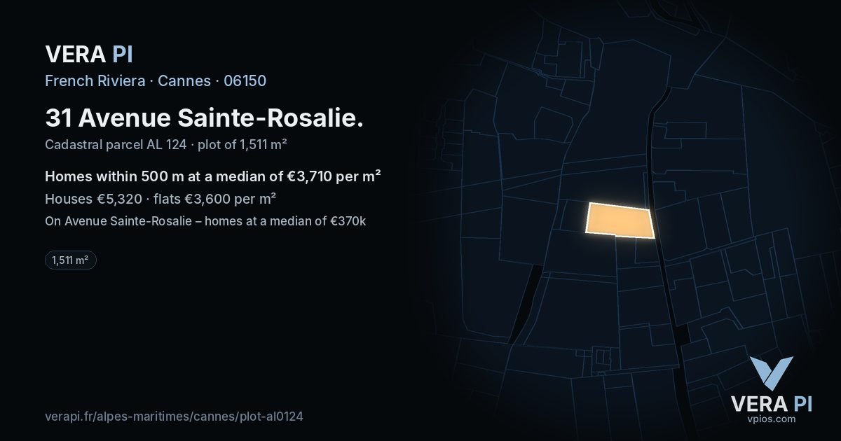 31 Avenue Sainte-Rosalie, Cannes at night – the plot lit, the parcels around coloured by the prices near them