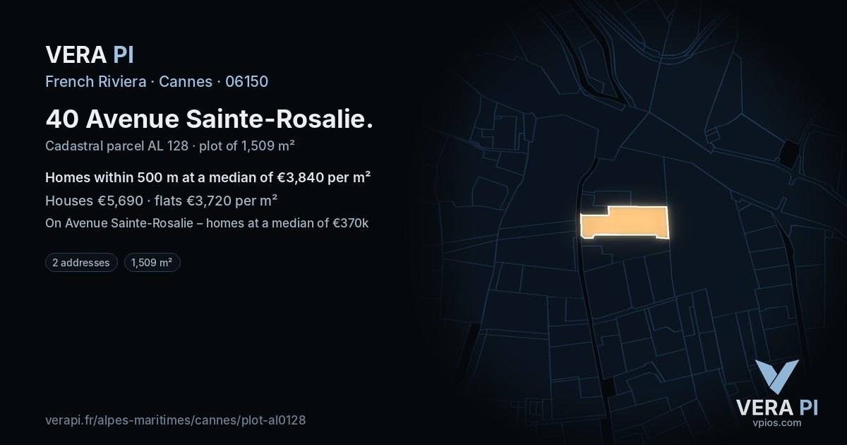40 Avenue Sainte-Rosalie, Cannes at night – the plot lit, the parcels around coloured by the prices near them