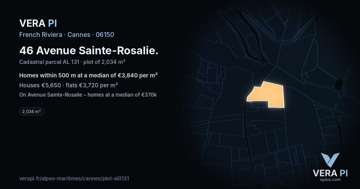 46 Avenue Sainte-Rosalie, Cannes at night – the plot lit, the parcels around coloured by the prices near them