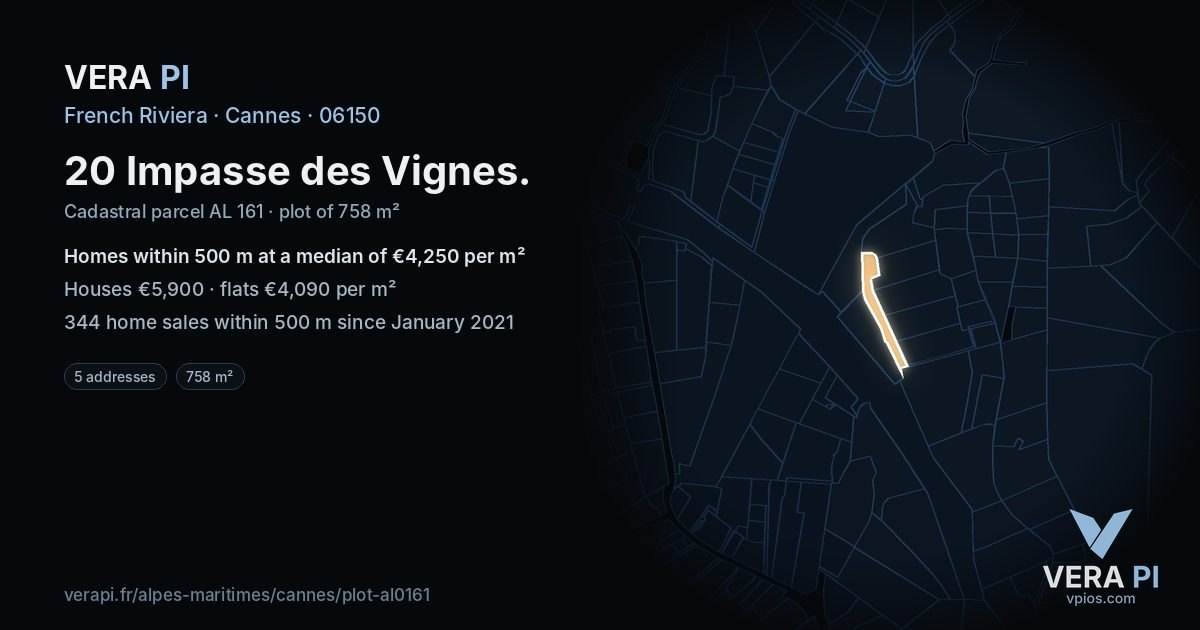 20 Impasse des Vignes, Cannes at night – the plot lit, the parcels around coloured by the prices near them