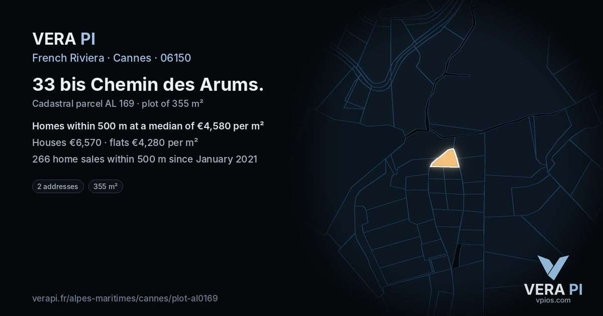 33 bis Chemin des Arums, Cannes at night – the plot lit, the parcels around coloured by the prices near them