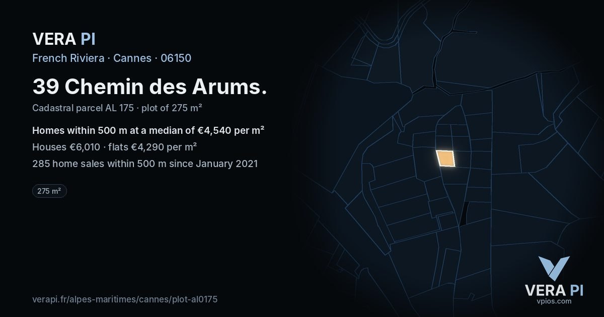 39 Chemin des Arums, Cannes at night – the plot lit, the parcels around coloured by the prices near them