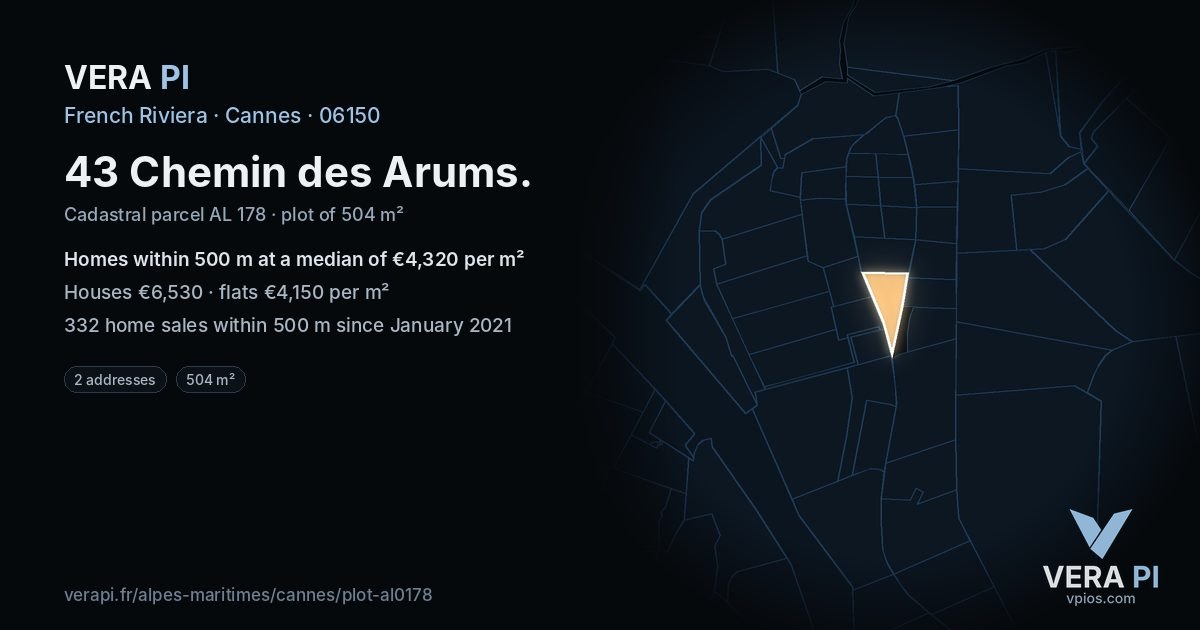 43 Chemin des Arums, Cannes at night – the plot lit, the parcels around coloured by the prices near them