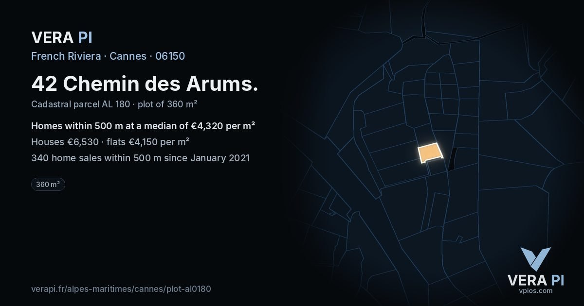 42 Chemin des Arums, Cannes at night – the plot lit, the parcels around coloured by the prices near them