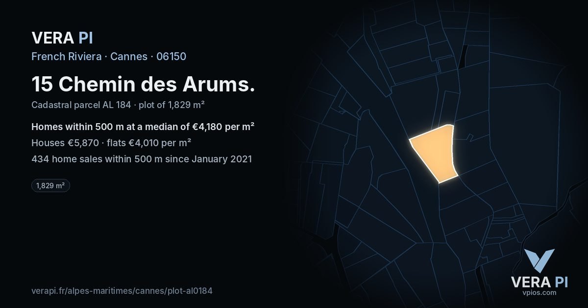 15 Chemin des Arums, Cannes at night – the plot lit, the parcels around coloured by the prices near them