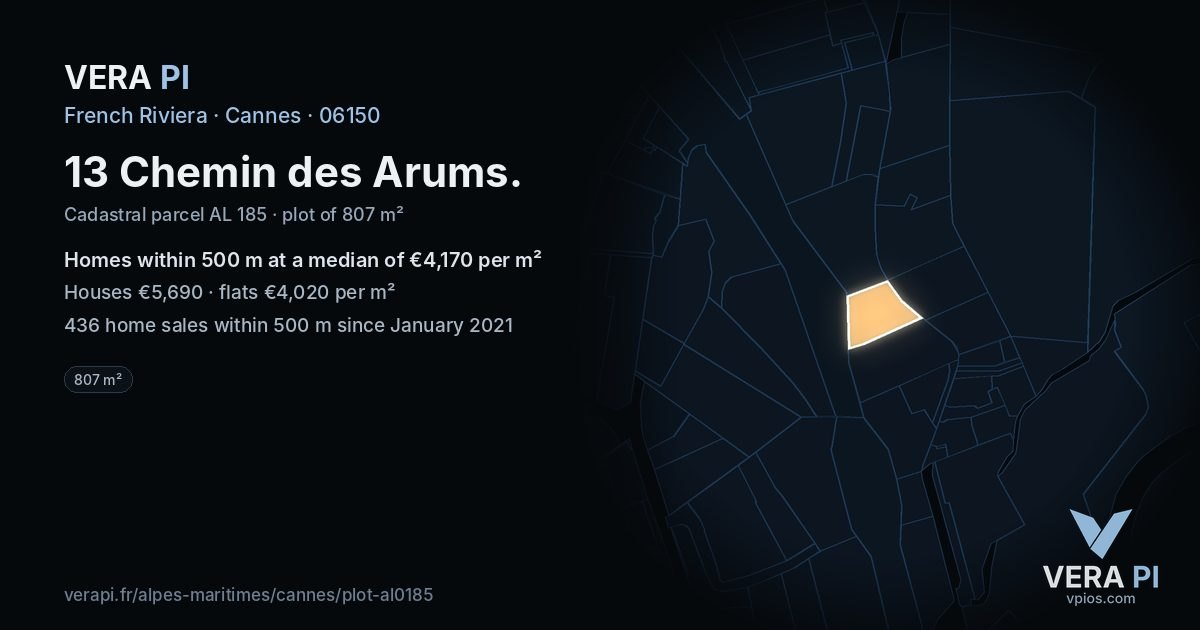 13 Chemin des Arums, Cannes at night – the plot lit, the parcels around coloured by the prices near them