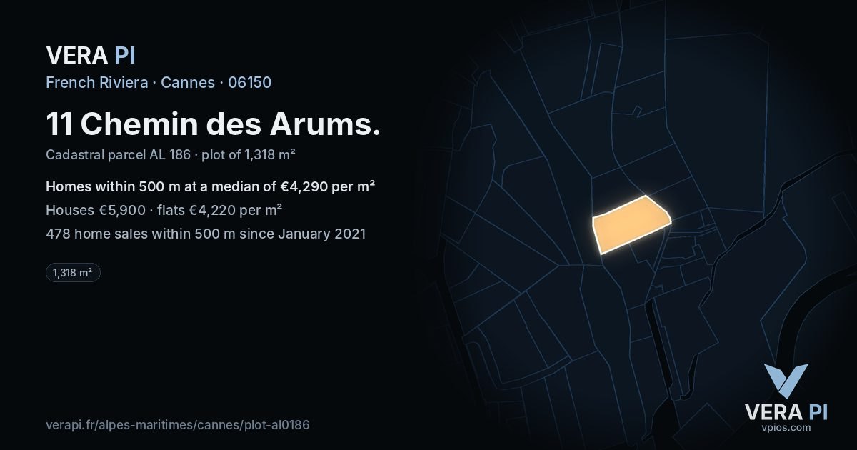 11 Chemin des Arums, Cannes at night – the plot lit, the parcels around coloured by the prices near them