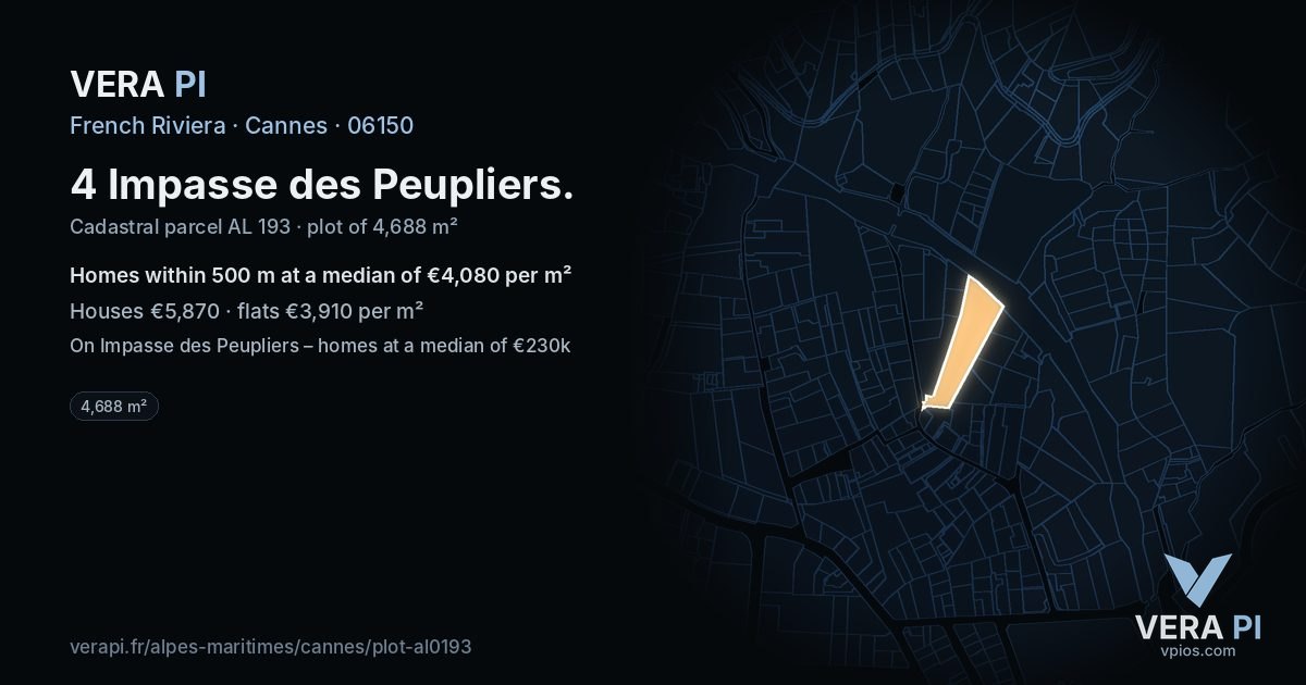 4 Impasse des Peupliers, Cannes at night – the plot lit, the parcels around coloured by the prices near them