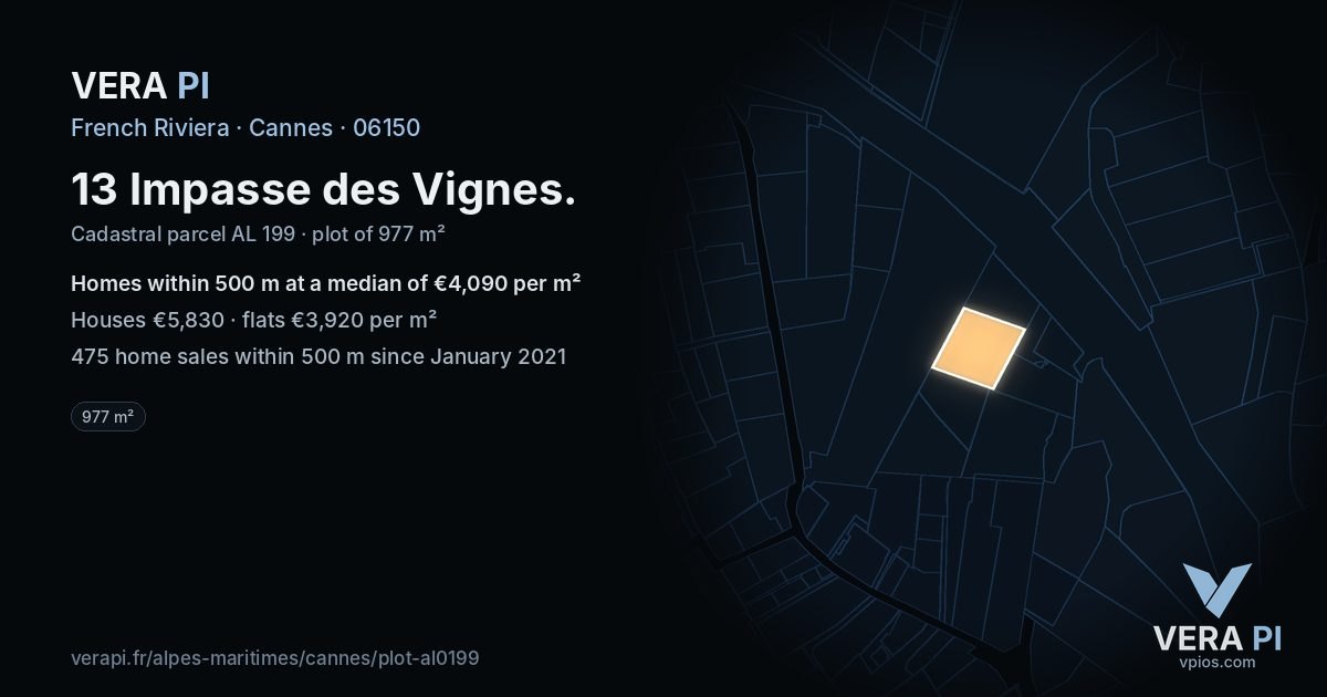 13 Impasse des Vignes, Cannes at night – the plot lit, the parcels around coloured by the prices near them
