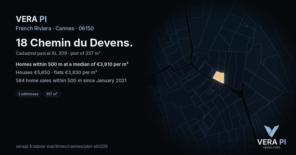 18 Chemin du Devens, Cannes at night – the plot lit, the parcels around coloured by the prices near them