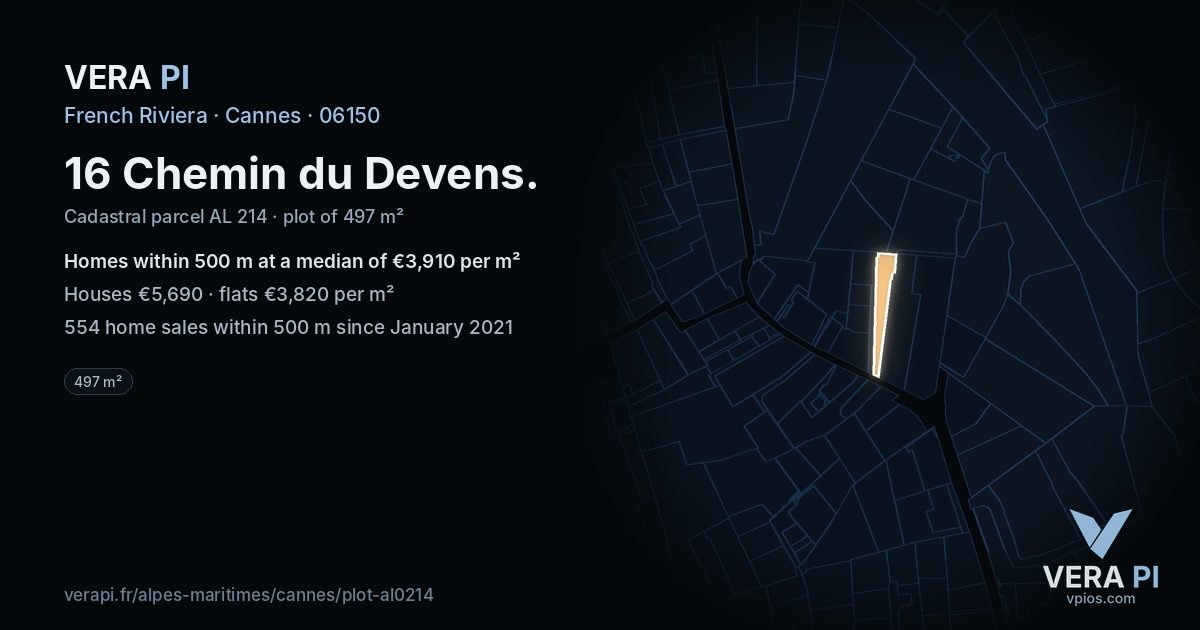 16 Chemin du Devens, Cannes at night – the plot lit, the parcels around coloured by the prices near them