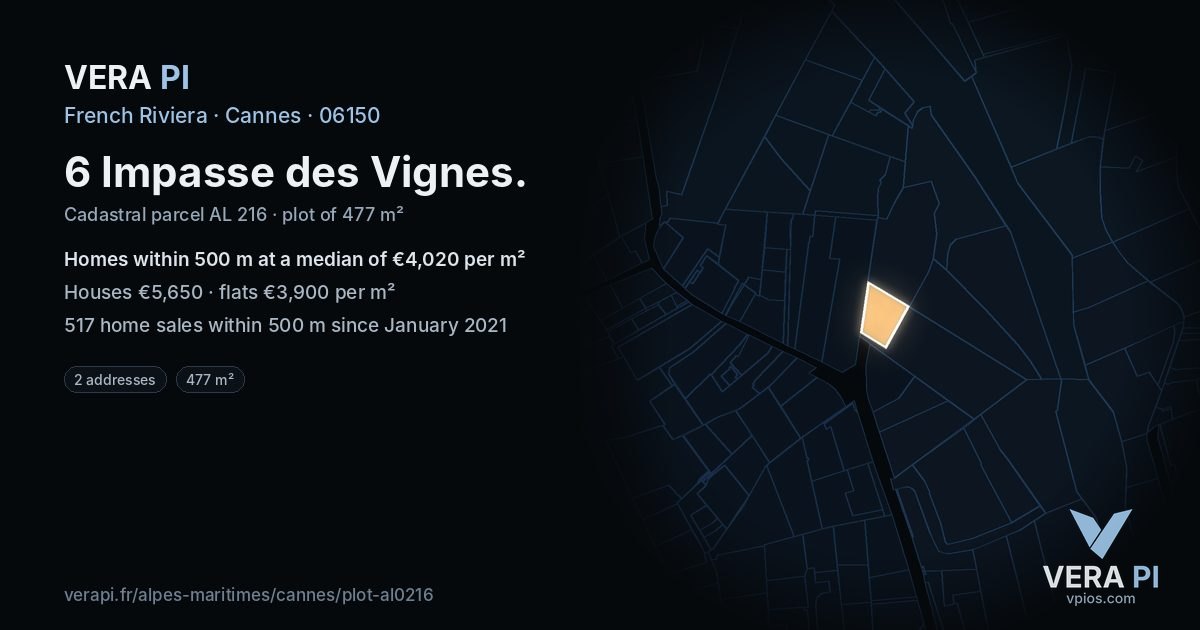 6 Impasse des Vignes, Cannes at night – the plot lit, the parcels around coloured by the prices near them