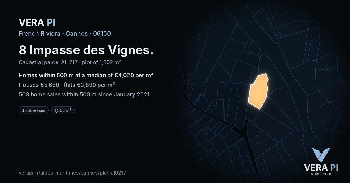 8 Impasse des Vignes, Cannes at night – the plot lit, the parcels around coloured by the prices near them