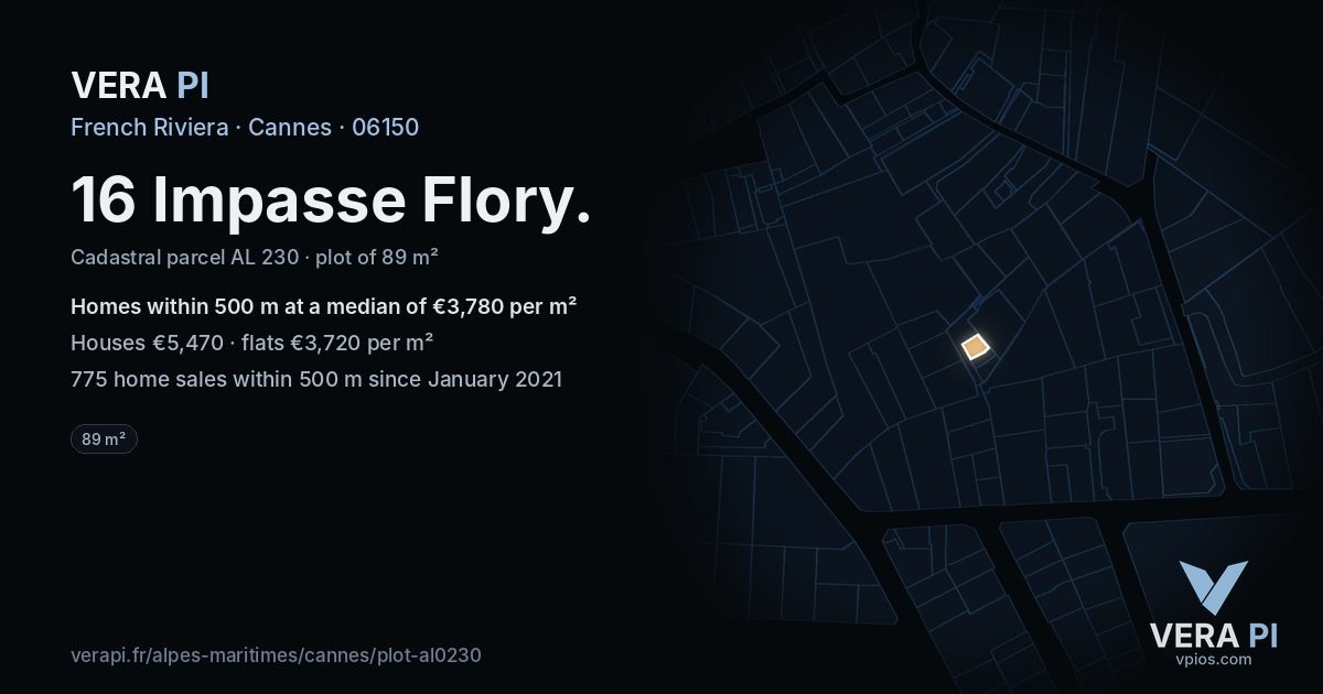 16 Impasse Flory, Cannes at night – the plot lit, the parcels around coloured by the prices near them