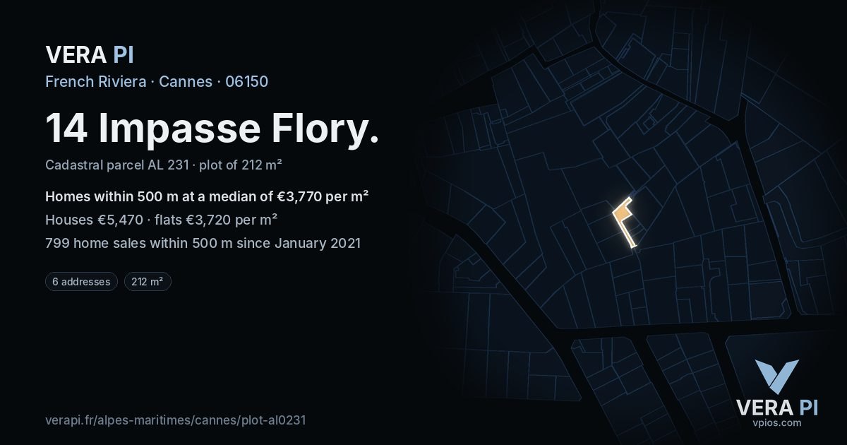 14 Impasse Flory, Cannes at night – the plot lit, the parcels around coloured by the prices near them