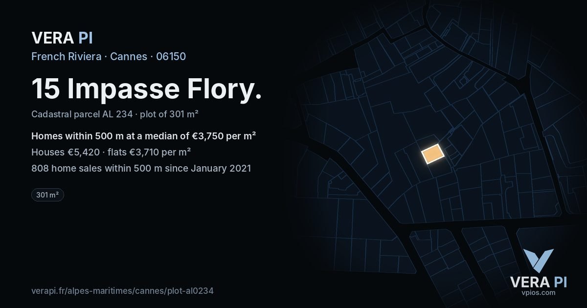 15 Impasse Flory, Cannes at night – the plot lit, the parcels around coloured by the prices near them