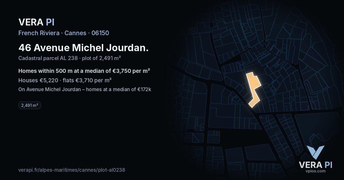 46 Avenue Michel Jourdan, Cannes at night – the plot lit, the parcels around coloured by the prices near them