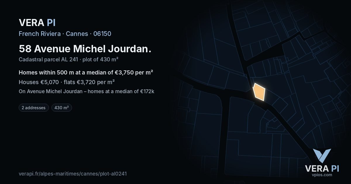 58 Avenue Michel Jourdan, Cannes at night – the plot lit, the parcels around coloured by the prices near them